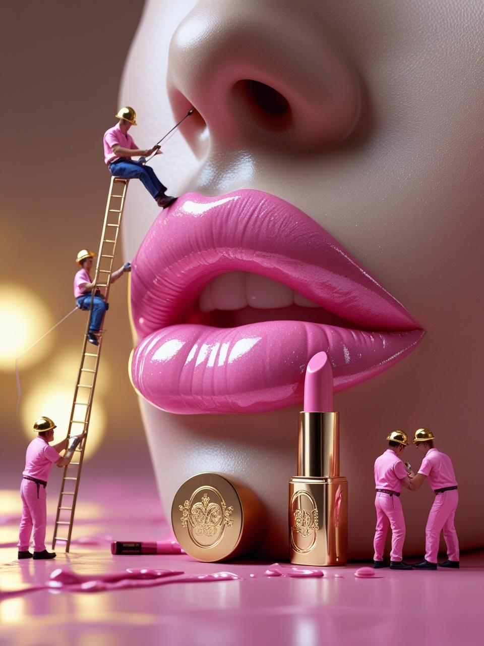 A hyper-realistic side-on close-up of a model’s glossy pink lips, perfectly smooth and bold. Tiny workers in pink uniforms and gold hard hats meticulously perfect the lipstick. One uses a ladder to polish, another operates a crane to adjust the top lip, while others refine the edges with tiny brushes. A luxurious tube of lipstick with gold engraving sits nearby, and workers inspect the branding. Soft gold lighting fading to pink highlights the scene, while a blurred background intensifies the focus on the lips and the detailed work.