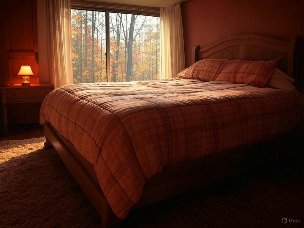 "एक शांत और आरामदायक बेडरूम की खूबसूरत तस्वीर, जो एक सुनहरे autumn forest को overlook करता है। इस idyllic bedroom में एक बड़ा bed, एक desk और उस पर एक warm desk lamp है। खिड़की से झांकती wispy curtains के बीच सुबह का सूरज उगता हुआ दिखाई देता है, जिसकी morning rays कमरे में फैल रही हैं। यह nostalgic scene पुरानी यादों को ताज़ा करता है, जिसमें photographic realism और 4k quality के साथ past के hues कैद हैं। Autumn bedroom decor और cozy interior design के शौकीनों के लिए परफेक्ट।"  Cozy bedroom with autumn view Nostalgic sunrise bedroom scene Autumn forest bedroom 4k Warm desk lamp interior Photographic realism bedroom design Idyllic bedroom decor