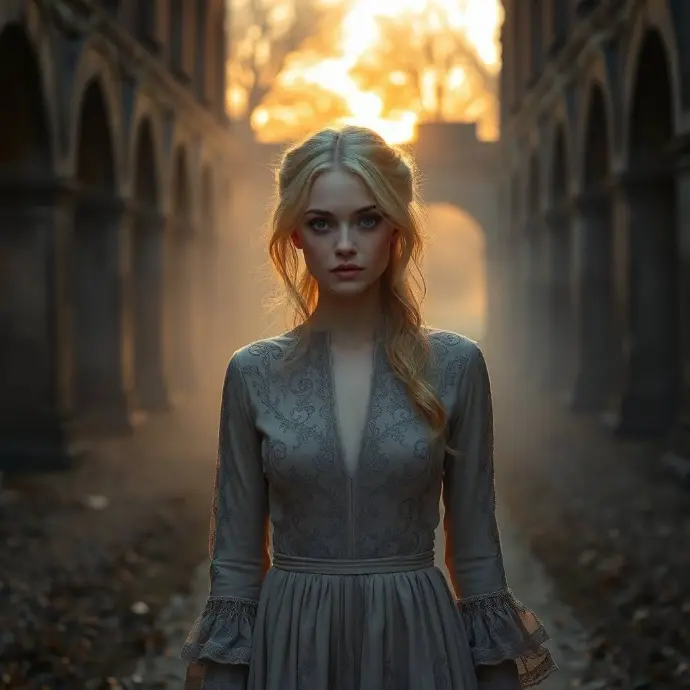 Elena Virelle walking gracefully through the ancient ruins of a European palace at sunset. She wears a flowing beige gown with subtle embroidery, and her ash-blonde hair is gently swaying in the evening breeze. Her green eyes gaze softly at the stone walls, her expression introspective and poetic. The golden hour sunlight casts long shadows. Same facial structure and styling as previous scenes. Mood is cinematic, melancholic, and artistic.